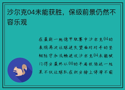 沙尔克04未能获胜，保级前景仍然不容乐观