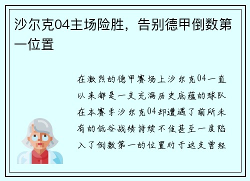 沙尔克04主场险胜，告别德甲倒数第一位置